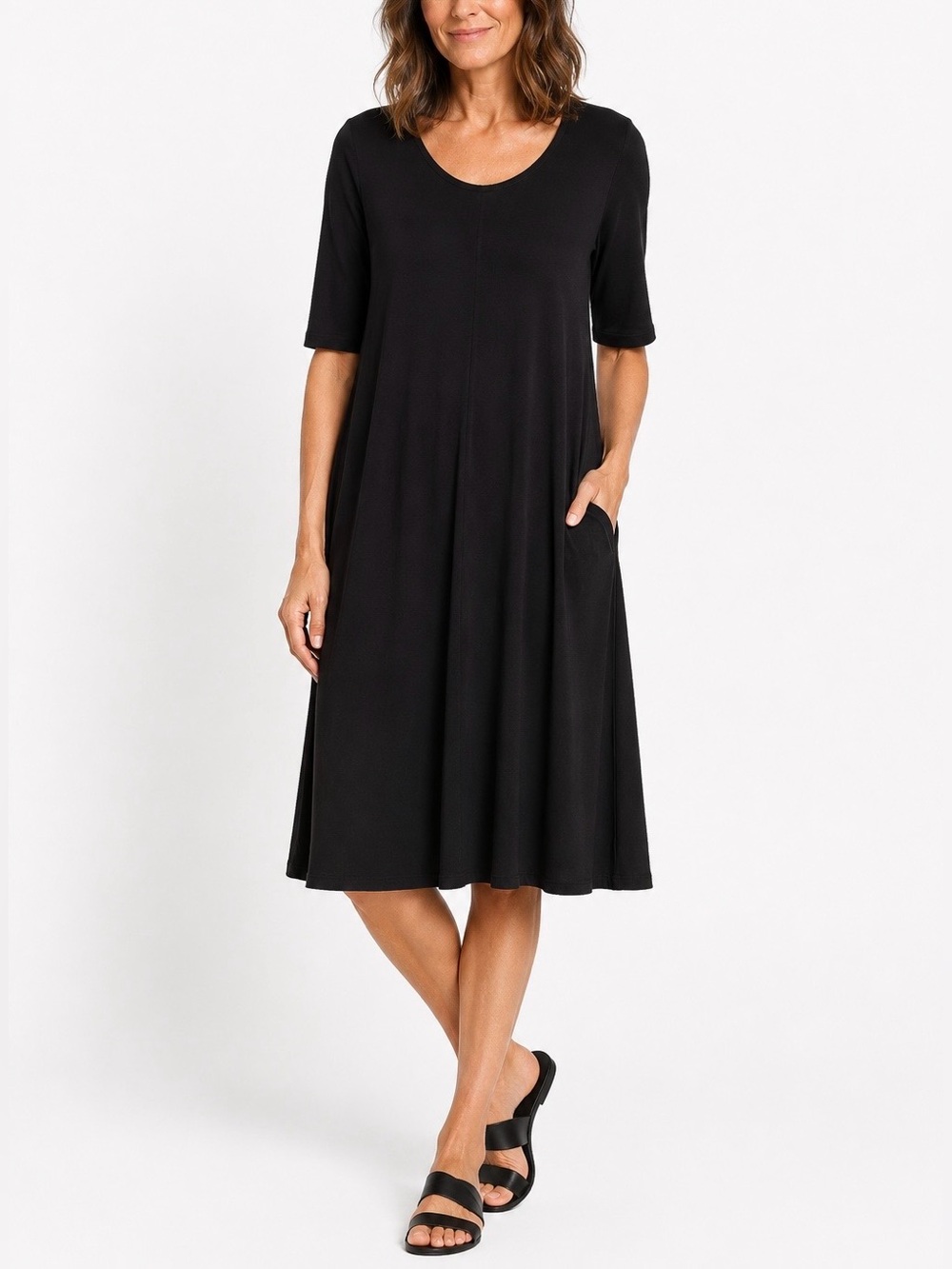 Eileen Fisher Organic Cotton Stretch Jersey Scoop Neck Dress Black L Minimalist